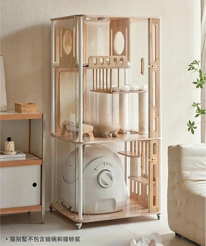 HJSolid wood panoramic cat villa can put automatic cat litter box tempered glass wooden indoor cat litter