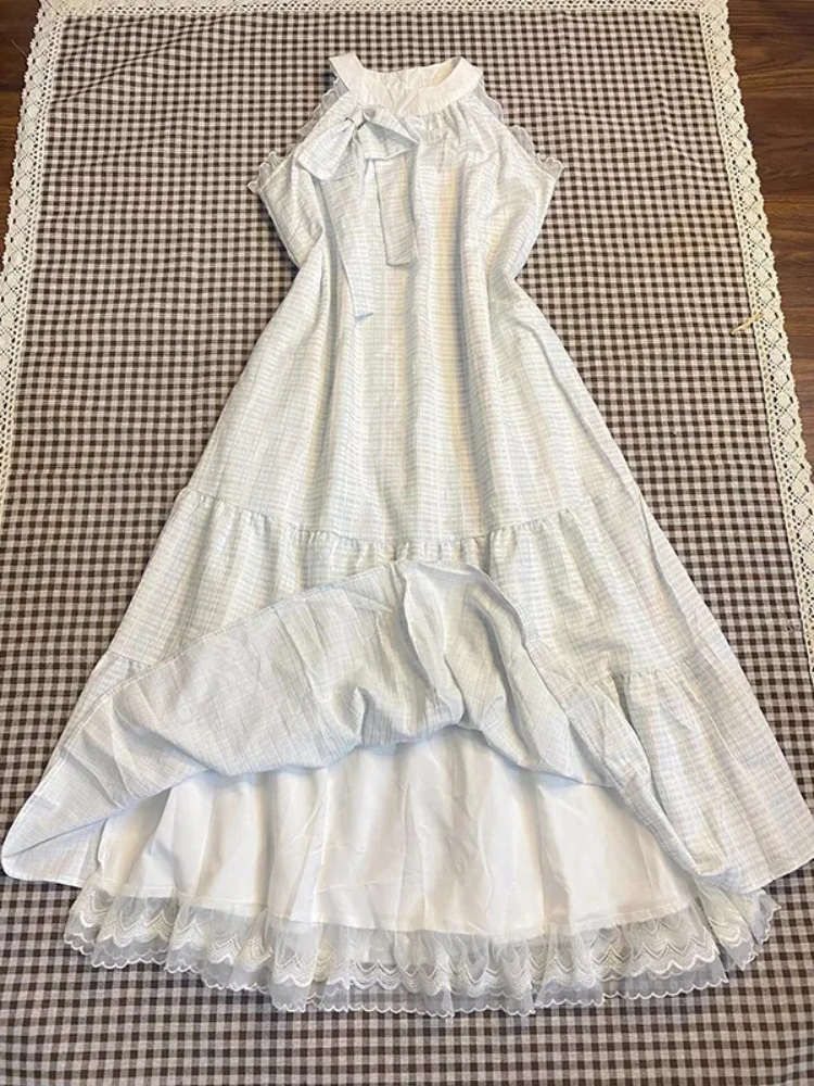 

French Elegant Sweet Plaid Hang Neck Dress Women New Vintage Sleeveless Ruffle Slim Dresses Aesthetic Fashion Harajuku Outfits