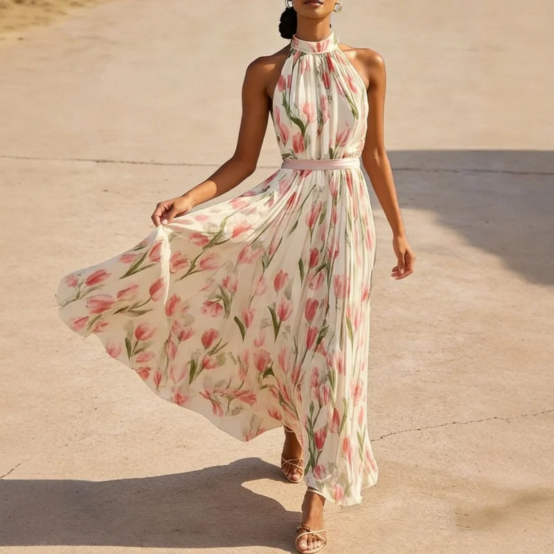 

Summer Beach Dress Women Elegant Halter Printed Maxi Dress Slim Fit Vacation Resort Wear Party Daily Outfit