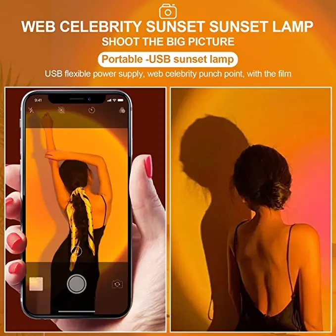 USB Sunset Projection Lamp Rainbow Atmosphere Night Light Sunset Light for Photography Selfie Coffee Store Live Wall Decoration