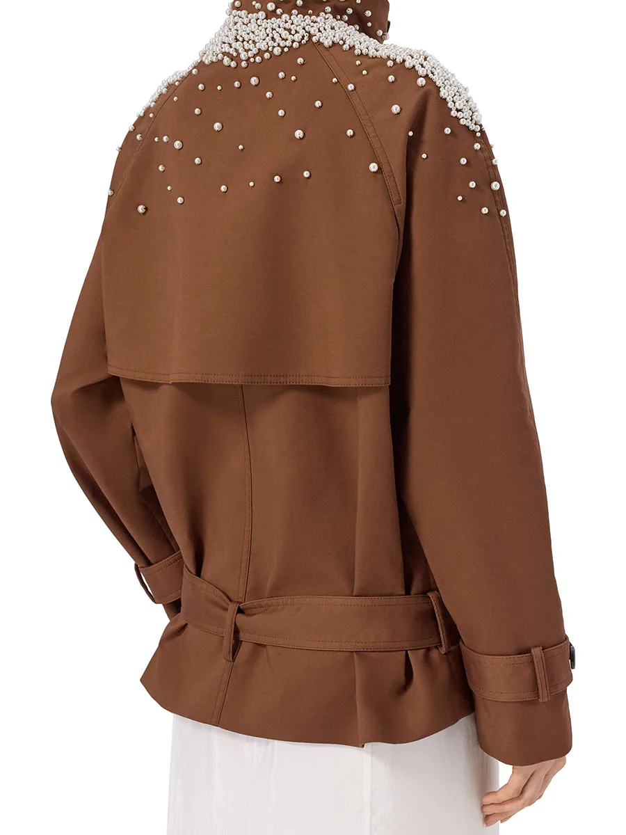 TWOTWINSTYLE Pearl Spliced Belt Loose Jacket for Women Stand Collar Long Sleeve Patchwork Double Breasted Casual Jackets Female