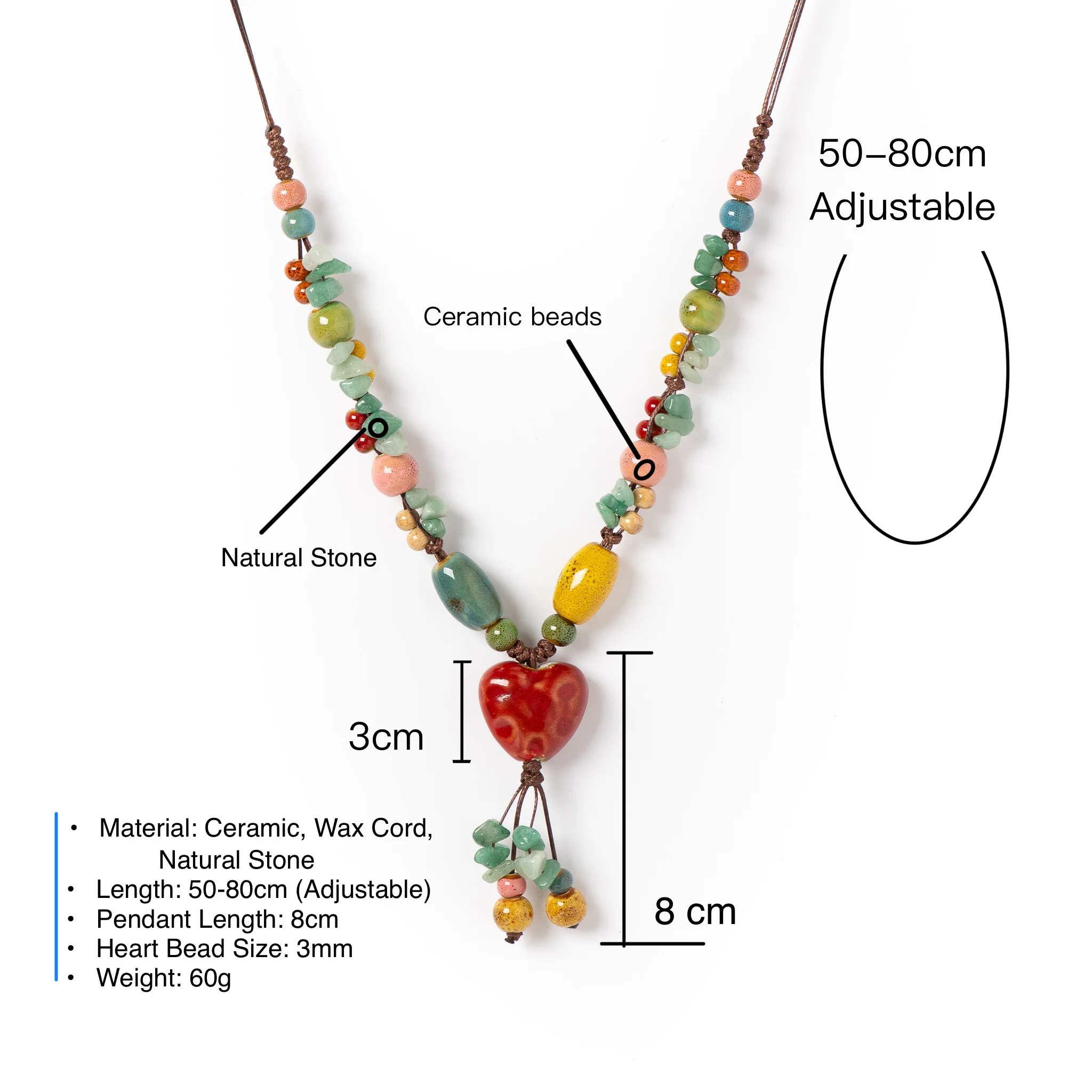 Vintage Heart Ceramic Necklace for Women Adjustable Handmade Boho Style Sweet Long Pendant Jewelry