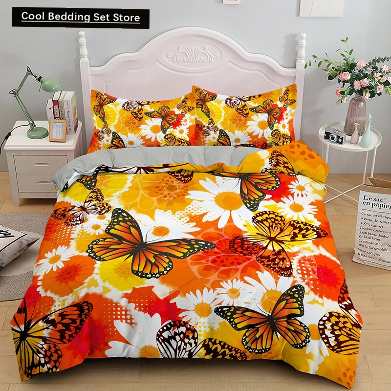 Colorful Butterfly King Queen Duvet Cover Flying Animals Bedding Set Women Flowers Comforter Cover 2/3pcs Polyester Quilt Cover