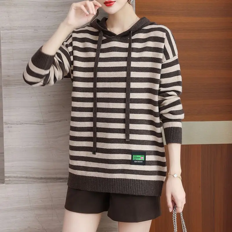 Striped Hoodies Sweatshirt for Women Warm Cold Knitwear Sweater New in Essential Sport Autumn and Winter Woman Hooded Tops Thick