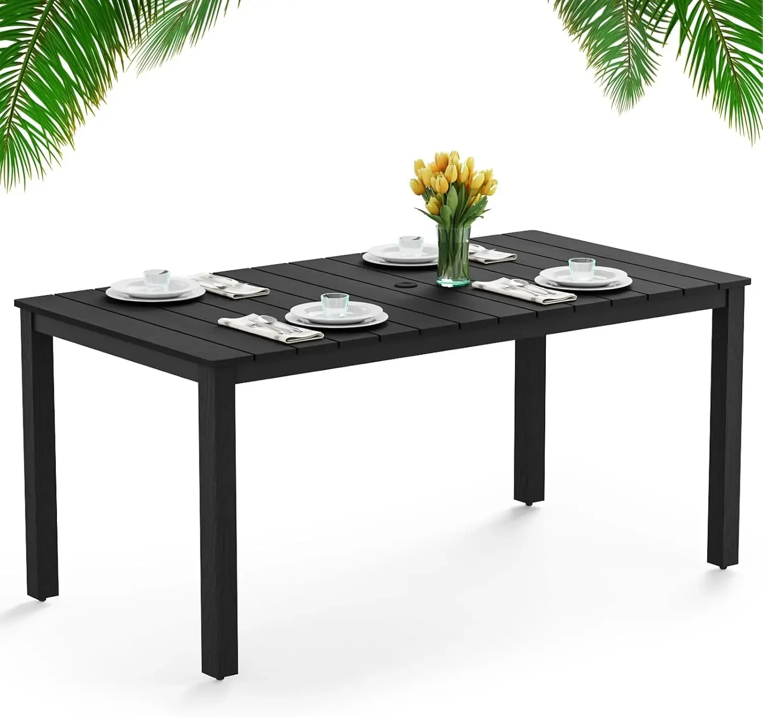 

Обеденный стол на открытом воздухе, устойчивый к атмосферным воздействиям, 63 дюйма, прямоугольный обеденный стол для патио HIPS на 6 человек, с отверстием для зонта 2 дюйма, черный