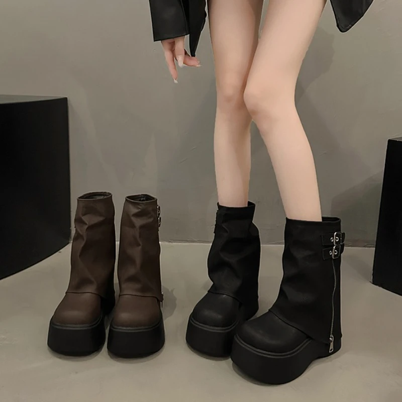 

Женские современные ботинки на платформе в стиле панк с толстой подошвой, модные короткие ботинки на пуговицах, увеличивающие рост