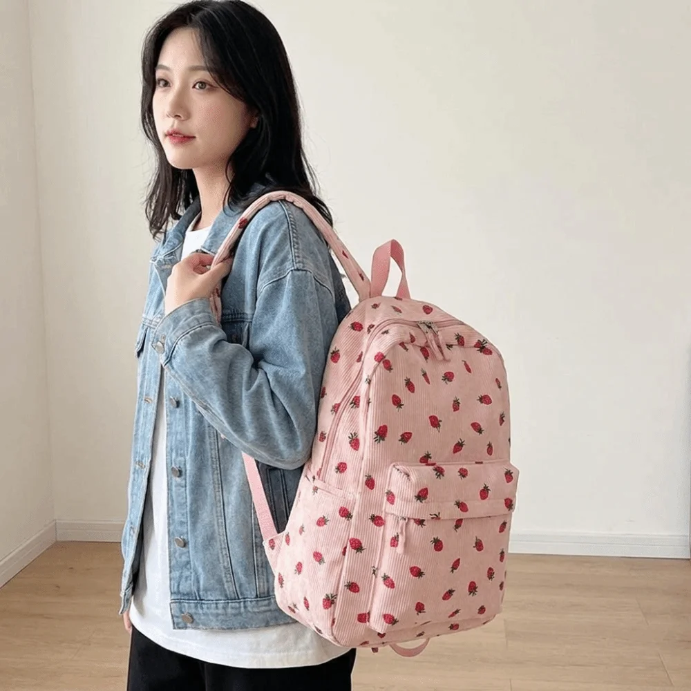 Strawberry Corduroy Backpack Solid Color Lightweight Students School Bag Portable Adjustable Shoulder Straps Students Daypack