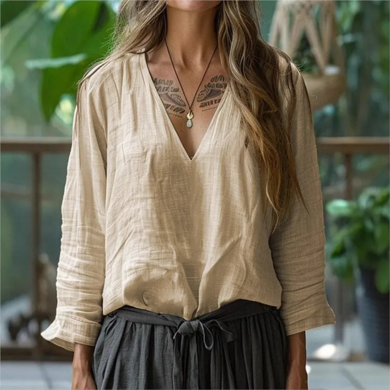

Spring Summer Simple Style Women Blouses & Shirts 2025 Autumn New Long Sleeve V-neck Loose Casual Blouse Solid Versatile Tops