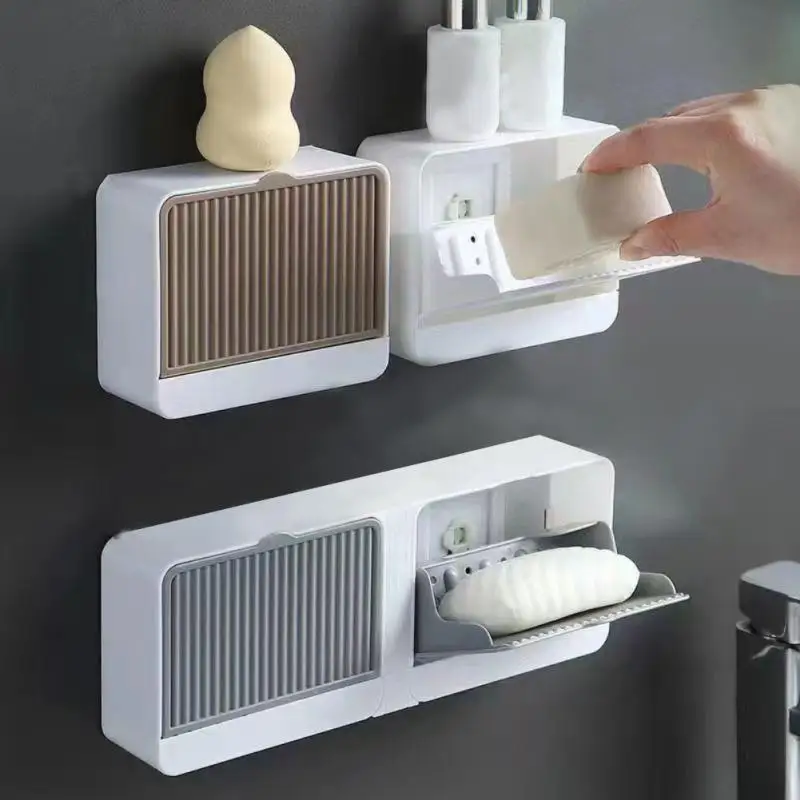 

Soap Holder Box With Lid Multifuction Punch-free Bathroom Accessories Soap Box Home Appliance Soap Dish Double Grids Drain Rack