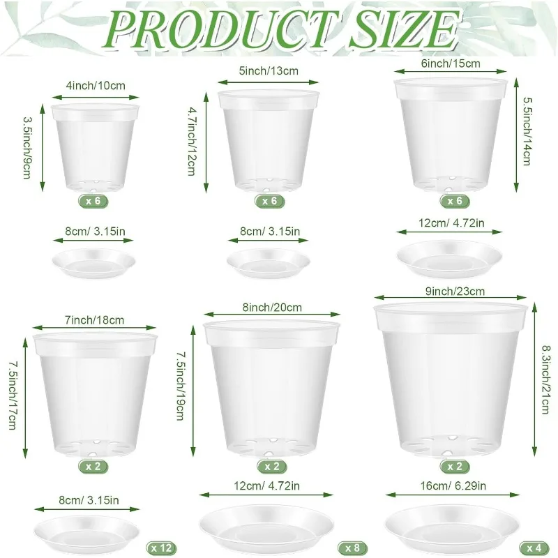 24 Pcs 4/5/6/7/8/9 Inch Clear Nursery Pots with Drainage Variety Pack Clear Plant Pots with Tray Transparent Plastic Pots for