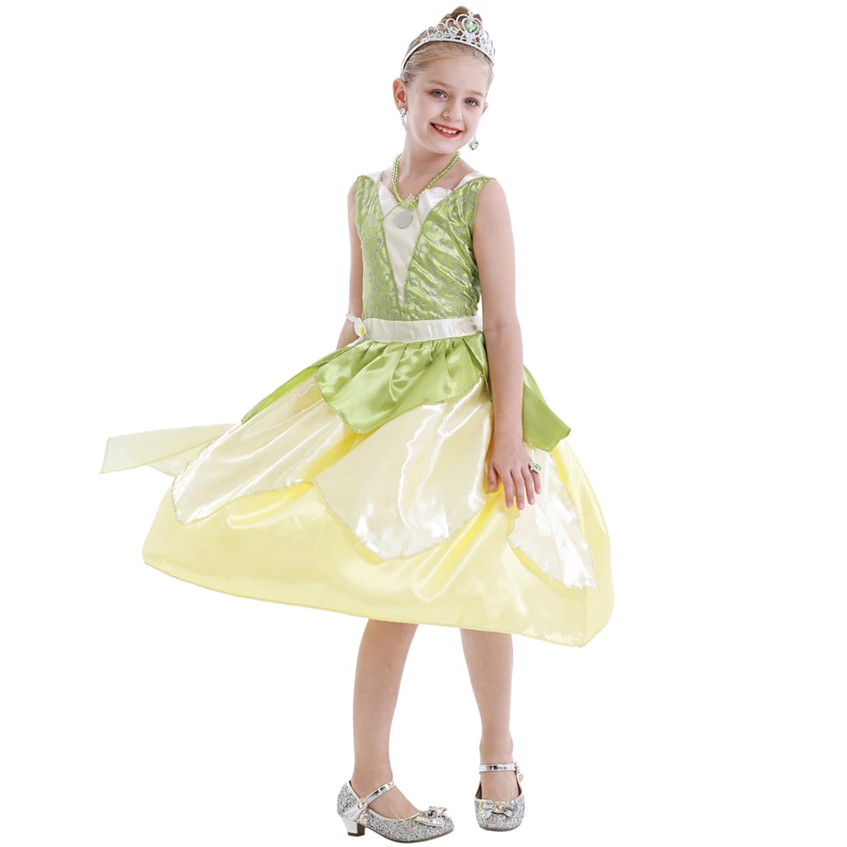 Classic Girls Fairy Tale Tiana Cosplay Costumes Elegant Green Princess Dress Carnival Birthday Party Summer Sleeveless Vestidos