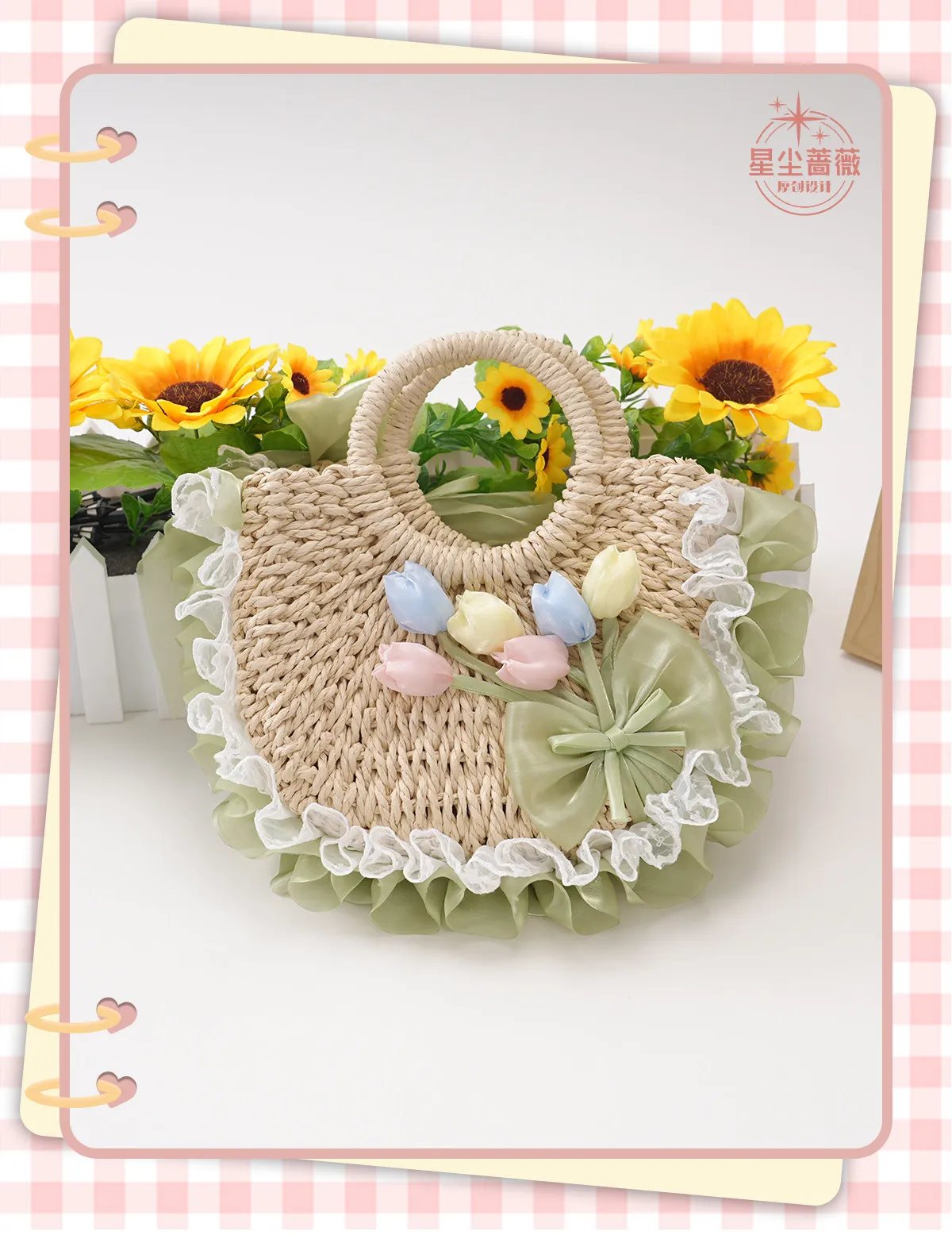 Japanese Handmade Original Design Sweet Lolita Pastoral Lace Straw Handbag Lace Tulip Flower Lo Bags for Women Photo Props