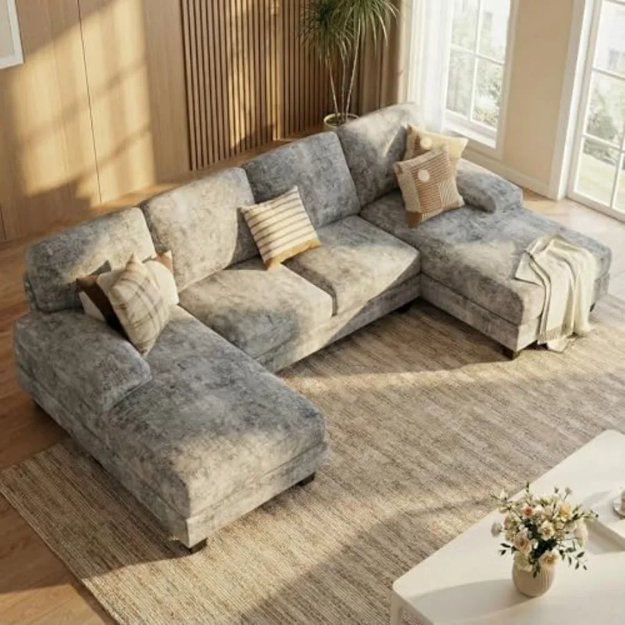 

Modular Sectional U Shaped Sofa Couches for Living Room Comfy Chenille 4 Seat Sofa Set with Removable Pillows Lounge Chaise Uph
