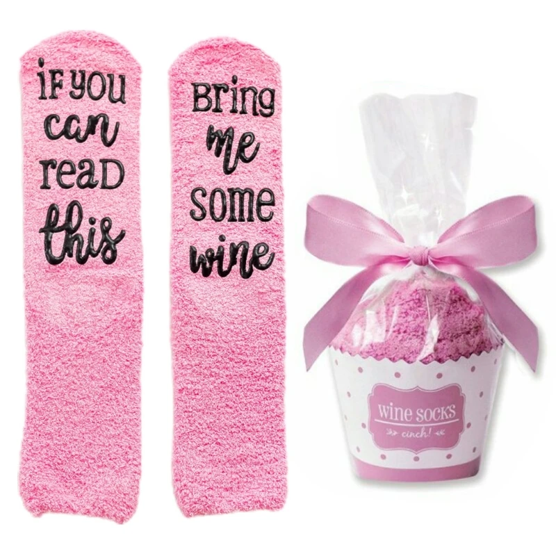 Women Winter Fuzzy Plush Slipper Crew Socks If You Can Read This Bring Me Some Wine Phrase Warm Hosiery Funny Gifts with Cupcake