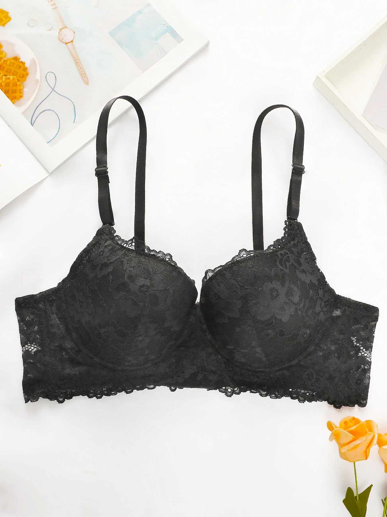 Sexy Black Lace Underwire Bra for Women Push Up Padded Demi Cup Comfortable Full Coverage Lingerie T
