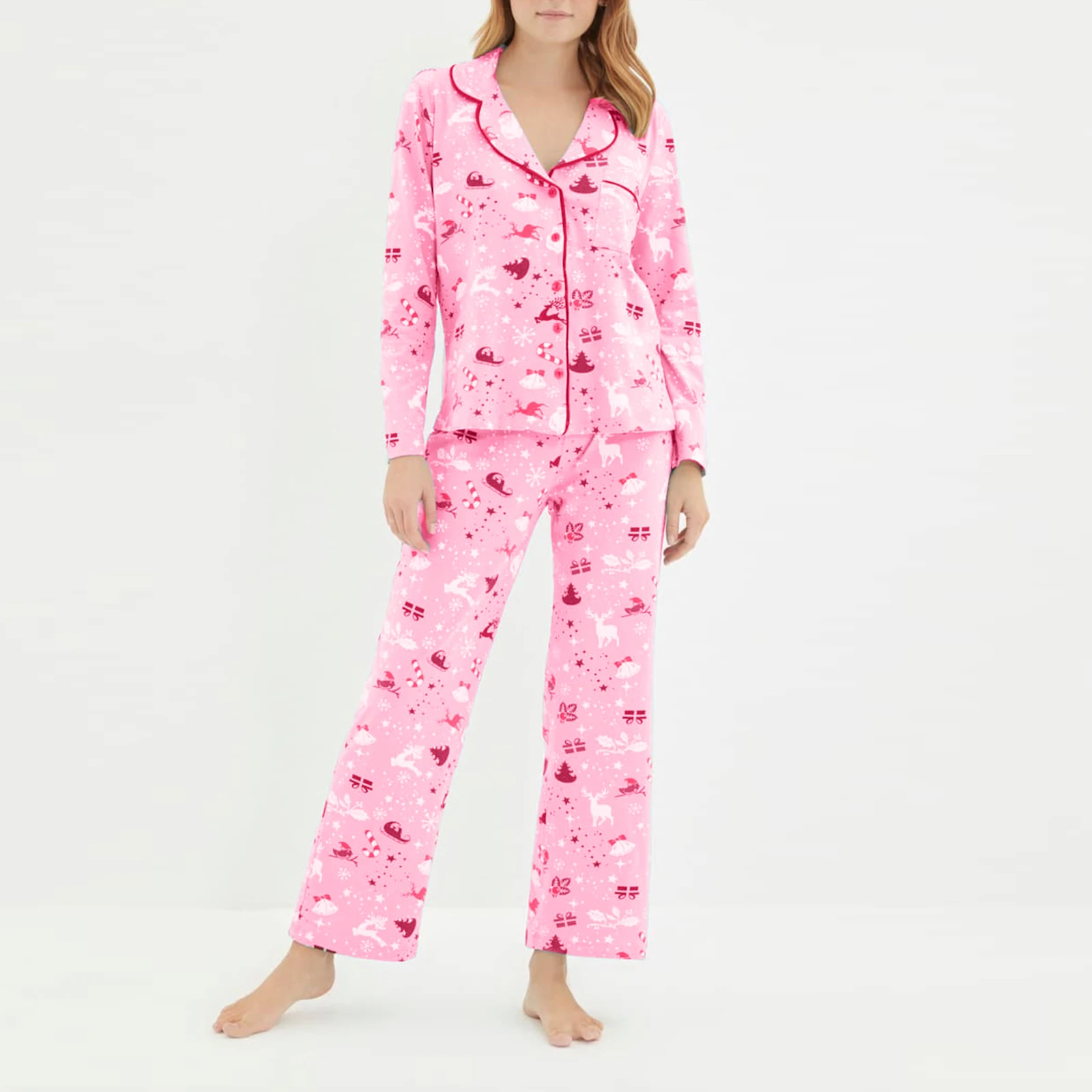 

HEZIOWYUN Women's Christmas Pajamas Loungewear Set Elements Print Long Sleeve Tops+Elastic Waist Pants 2 Piece Sleepwear Outfits