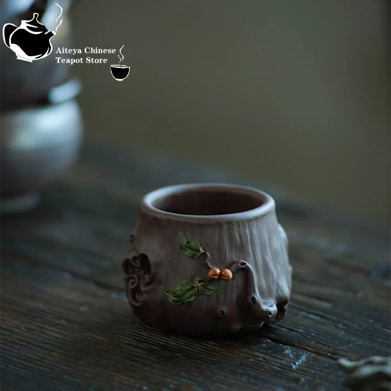 Yixing handmade purple clay cup, plum stump, tree stump, tea tasting cup, sticker leaf, longevity peach, single cup, tea bowl