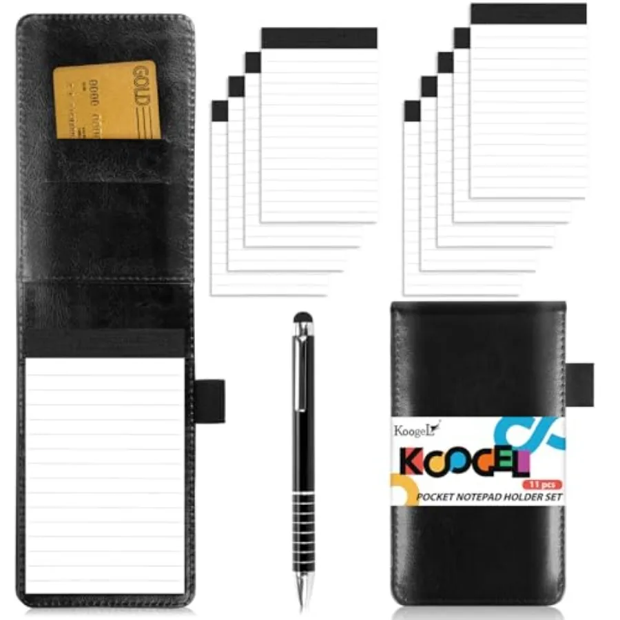 

11PCS Mini Pocket Notepad Holder Set, 3.4 x 5.5 Inch Small Notepad with Pen and 9 Memo Book Refills Server Lined Papers Desk No