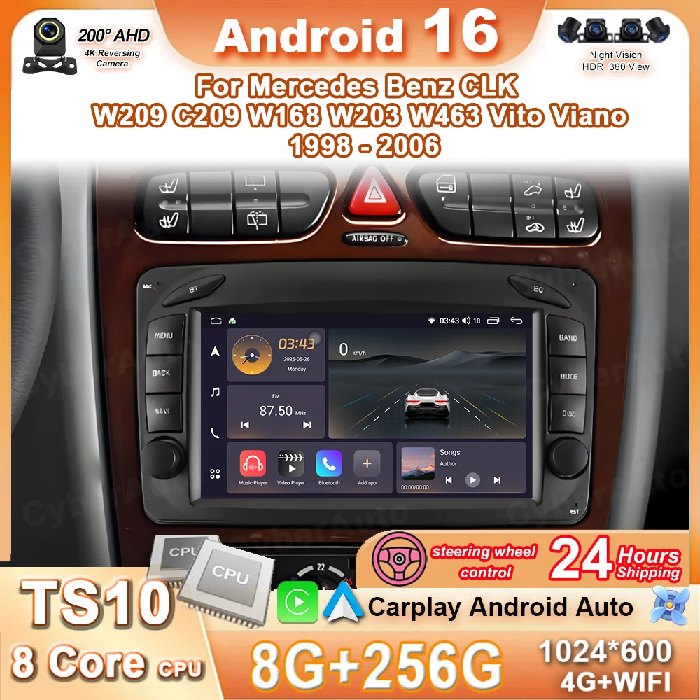 Radio para coche Android 16 para Mercedes Benz CLK W209 C209 W168 W203 W463 Vito Viano 1998-2006 Carplay GPS Estéreo WIFI DVD 4G No 2DIN