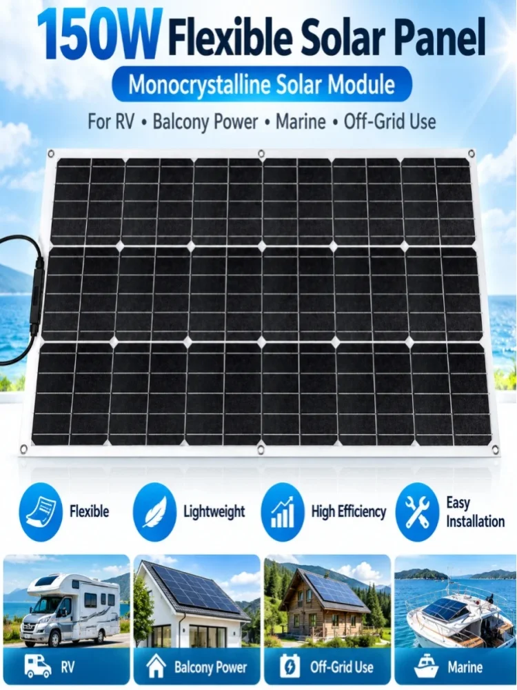 150W Flexibles Solarmodul, Monokristallines Flexibles Solarpanel, Photovoltaik-Panel für Zuhause, Mobiles Balkon-Kraftwerk, Wohnmobil, Balkon-System
