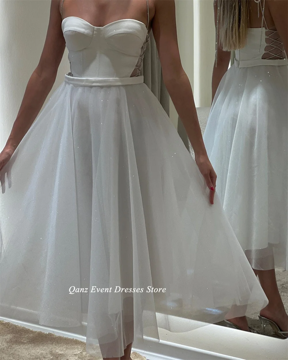 Qanz-Tea Comprimento Backless Tulle Vestidos, Spaghetti Straps, simples Prom Vestidos, Vestido de festa, Glitter