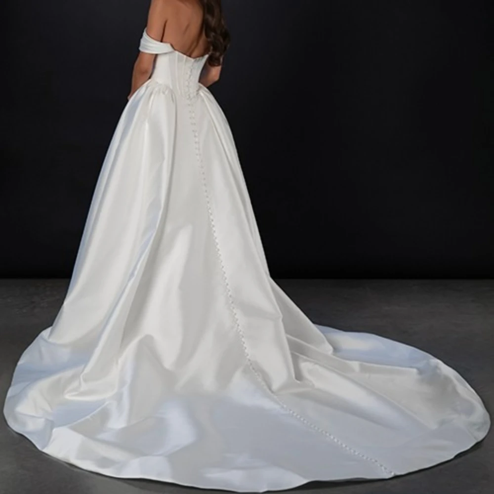 Customized Luxury Ivory Satin Ball Wedding Gown Featuring Off-The-Shoulder Draped Sweetheart Neck, Single Side Fabric Bow Strap
