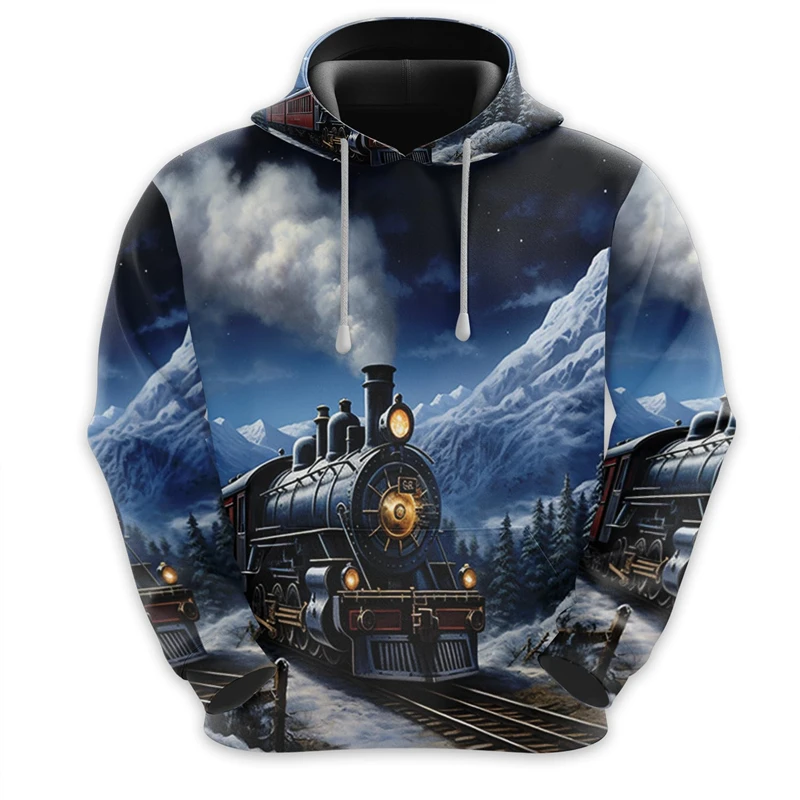 Vintage Steam Train Pattern Hoodies Fashion Autumn Long Sleeve Mens 3D Printed Hooded Sweatshirt Loose Streetwear Kids Pullover