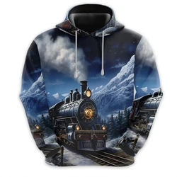 Vintage Steam Train Pattern Hoodies Fashion Autumn Long Sleeve Mens 3D Printed Hooded Sweatshirt Loose Streetwear Kids Pullover