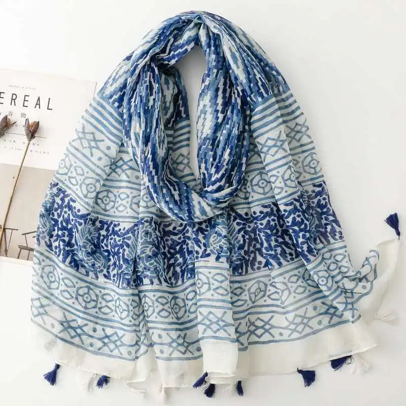 Beach towel luxury brand long ethnic blue print scarf Spain style bohemian printed neck scarf spring accessories