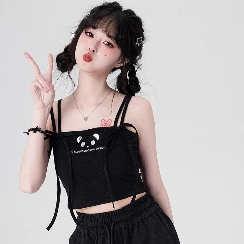 Summer Pure Desire Wind Sweet Spicy Girl Panda Y2k Strap Small Tank Top Knitted Top