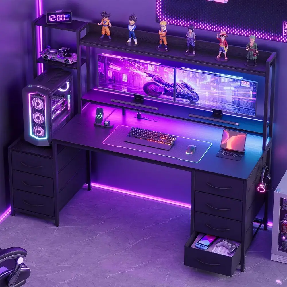 55 Reversible Gaming Desk with 7 Drawers, LED Lights, Power Outlets, and Monitor Stand for Home Office