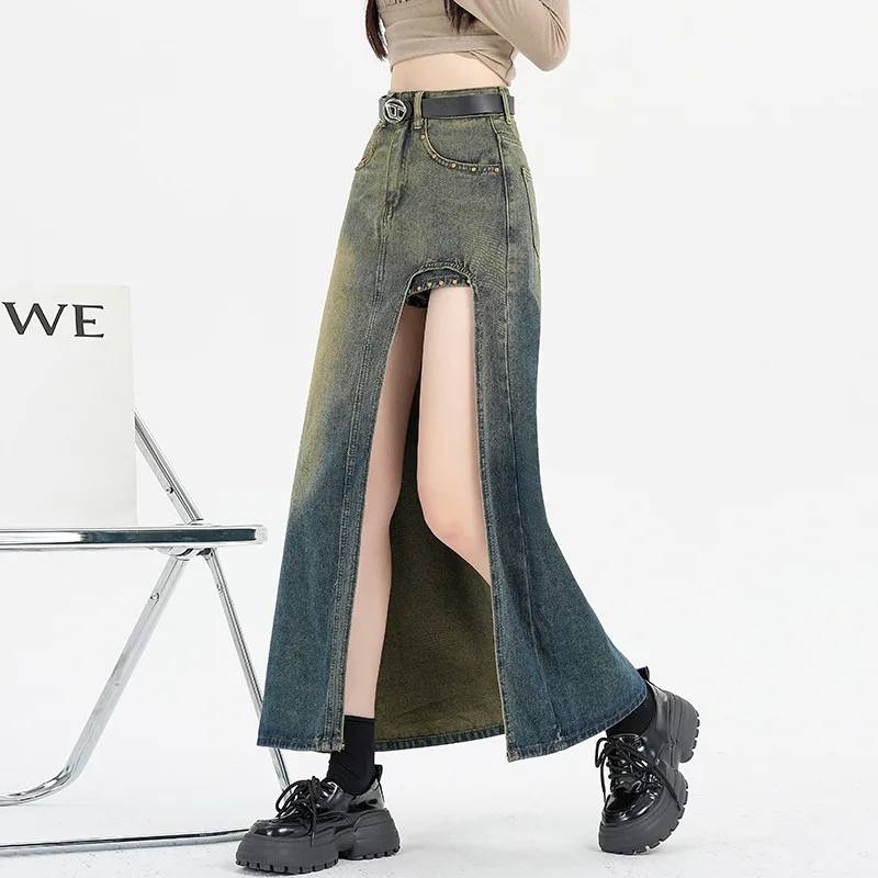 Women's High-waisted Denim Skirt Thin Liner Anti-Glare Super Long Skirt Spring Retro Big Open Fork New MODX2024