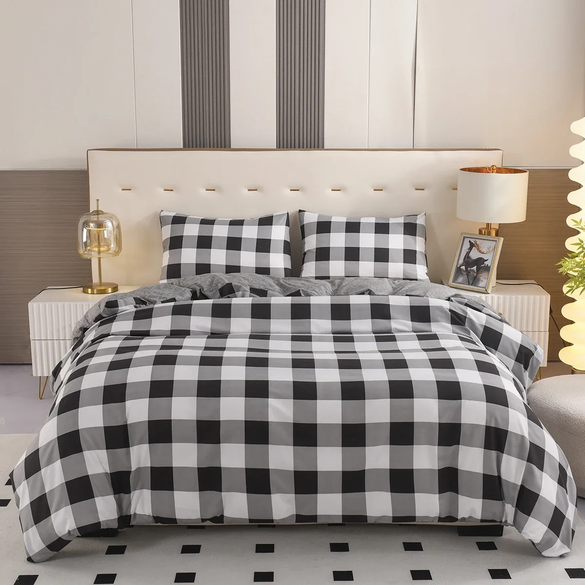 3PCS Single-sided Printed Bedding Set ,Comforter Black And White Plaid  Grid Duvet Bedding Cover Pillows Comfortable Bedspreads