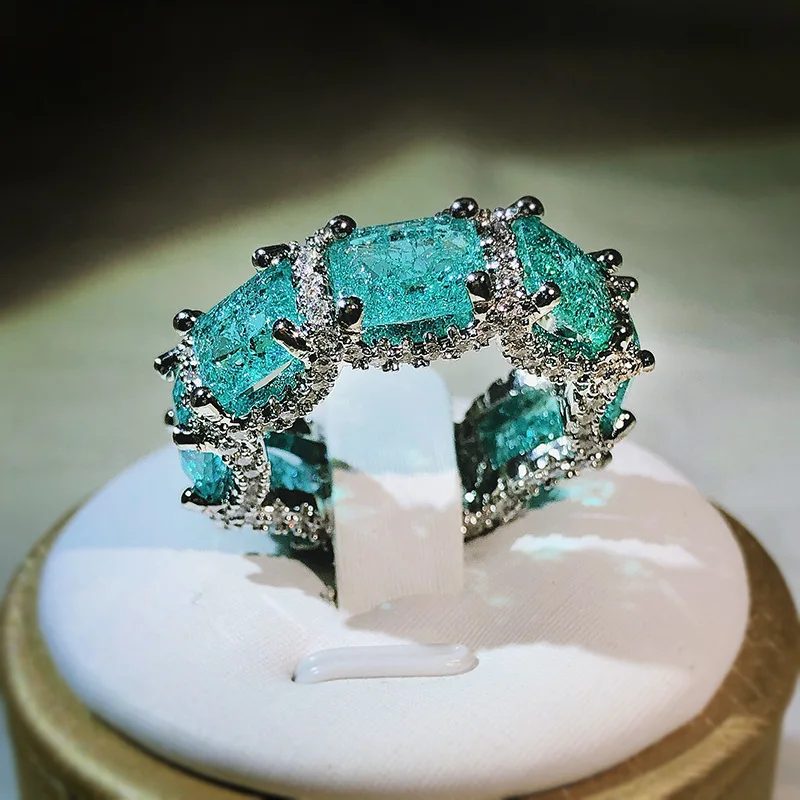 925 Stamp High-definition Paraiba Zircon Jewelry Heavy Industry Inlaid Aquamarine Topaz Ring Women's Party Birthday Gift