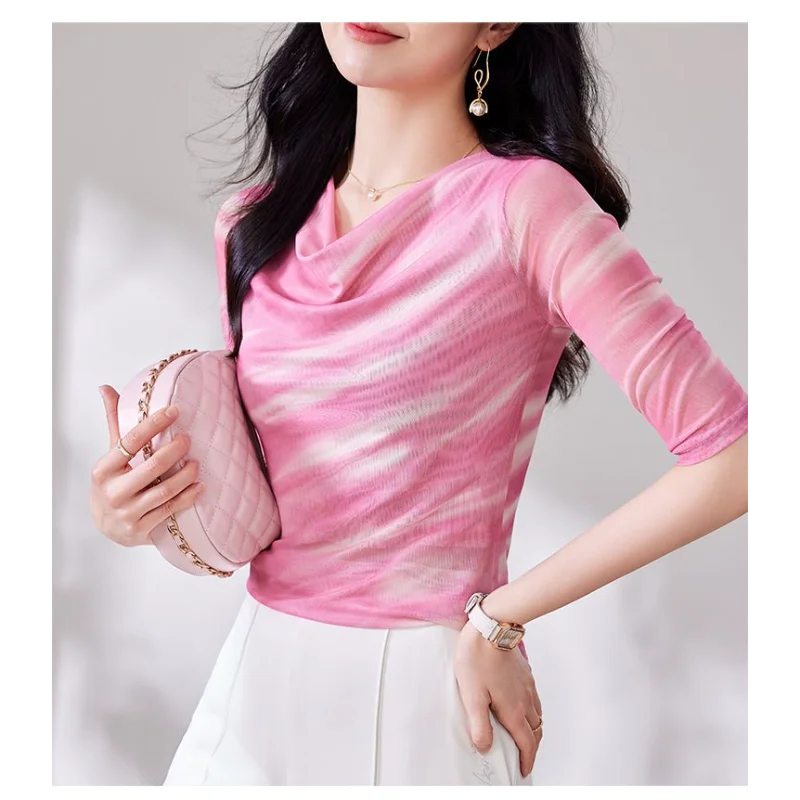 

Новый летний сетчатый топ с короткими рукавами, женская футболка в западном стиле, маленькая темпераментная рубашка с рукавом пять четвертей