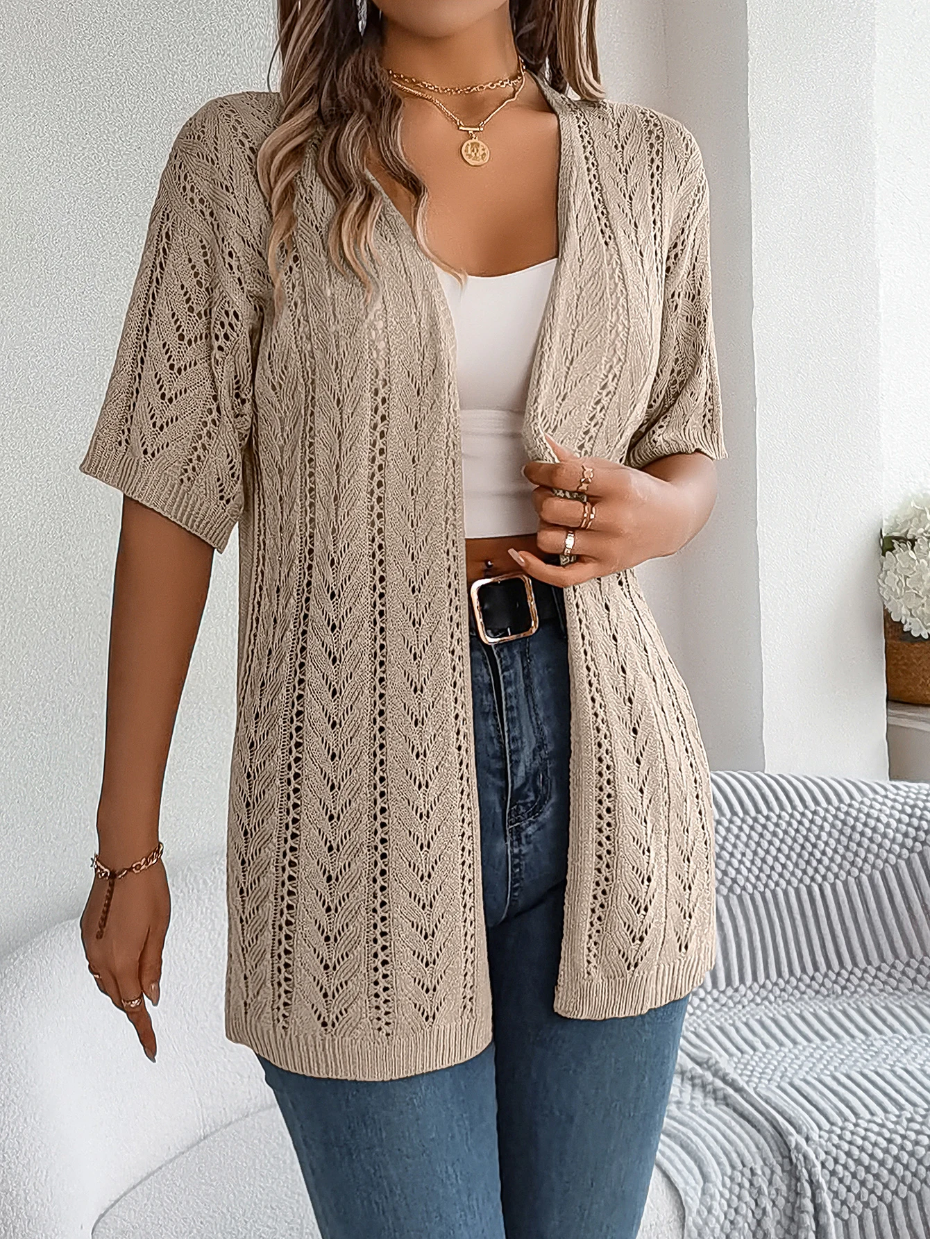 Casual Solid Color Short Sleeve Hollow Knitted Cardigan For Women