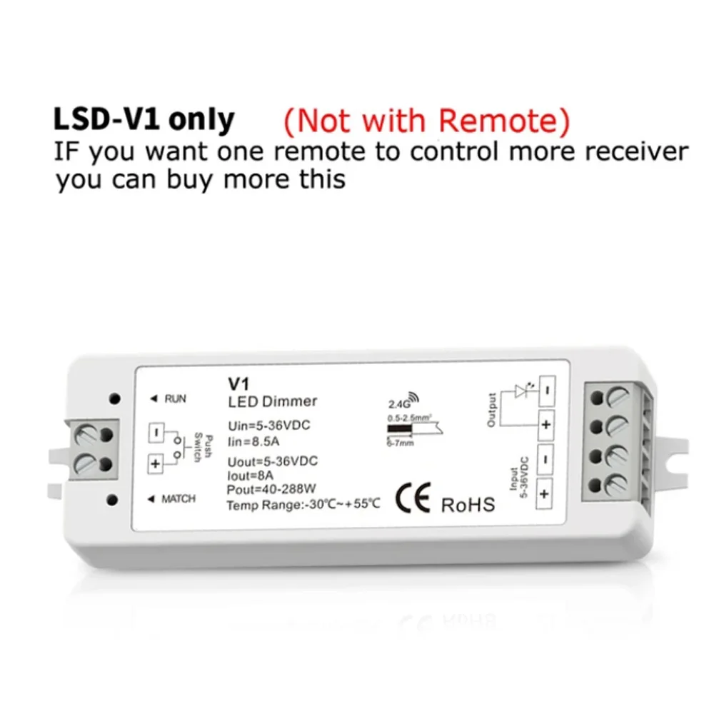 V1 1CH*8A 5-36VDC CV Controller Push-Dim 12V 24V LED Dimmer , 1 Zone Dimming Remote Control R11 For Single Color Strip Lights