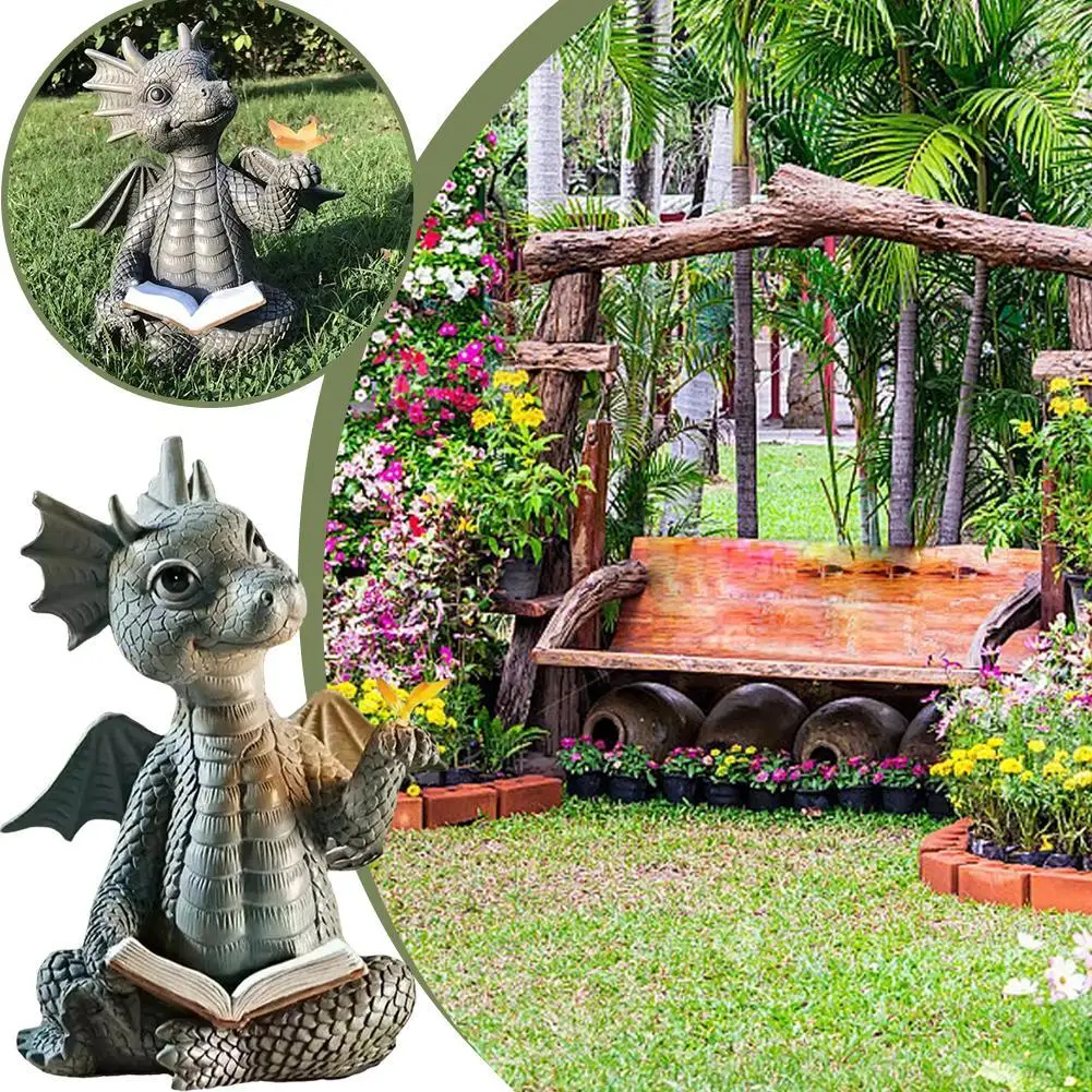 New Cute Little Dragon Dinosaur Meditation Reading Book Sculpture Figure Garden Home Decoration Resin Ornament Outdoor Decor