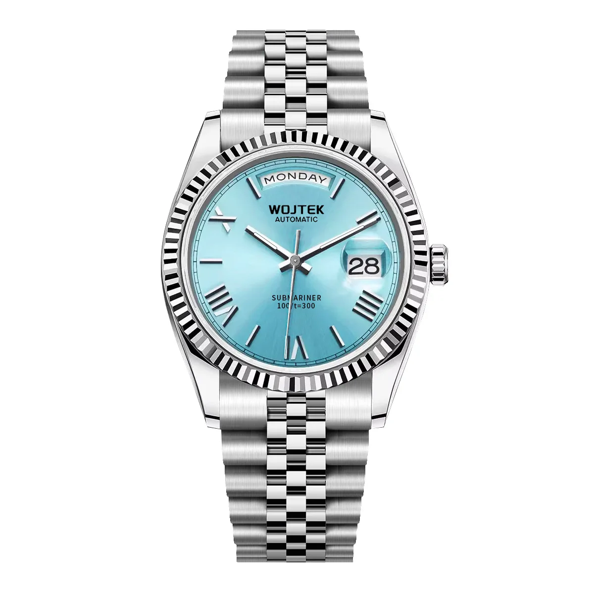 Automatic Mechanical Watch Steel Style Steel Watch with Day Date Calendar and Roma Number 43mm Fluted Bezel Jubilee Bracelet