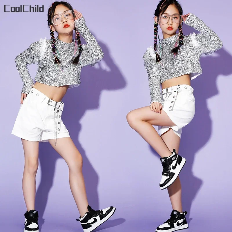 

Hip Hop Girls K-pop Sequin Crop Top Street Dance Shorts Kids Silver Sweatshirt 2 Pcs Clothes Sets Children Jazz Stage Costumes