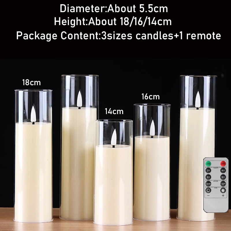 3/5x Vlamloze LED-kaars & afstandsbediening Timer Op batterijen werkende acryl transparante pilarenwas, draagbare sfeerlamp voor kerstdecoratie