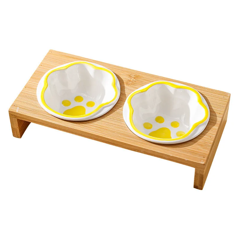 3 Bowls Cat Dog Feeders Bowl Ceramic Pet Food Tableware Water Bowl Bamboo Frame Antiskid Dog Cat Feeding Bowl Pet Supplies