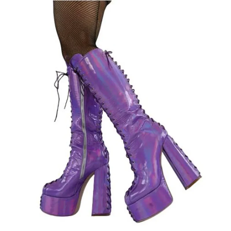 Illusory Purple Shiny Leather Back Front Cross Tied Lace Up Round Toe Platform Chunky Heels Knee High Boots Women Long Boots