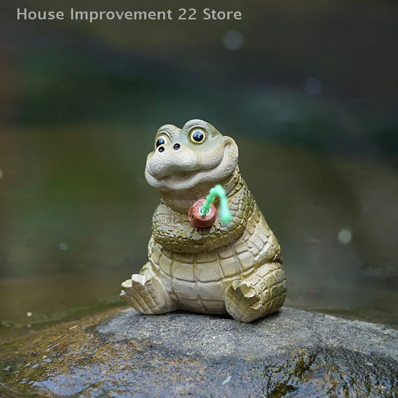 Creative Rope Fishing Crocodile Statue Cute Simulation Crocodile Resin Figurine Animal Sculpture Ornament Outdoor Home Garden