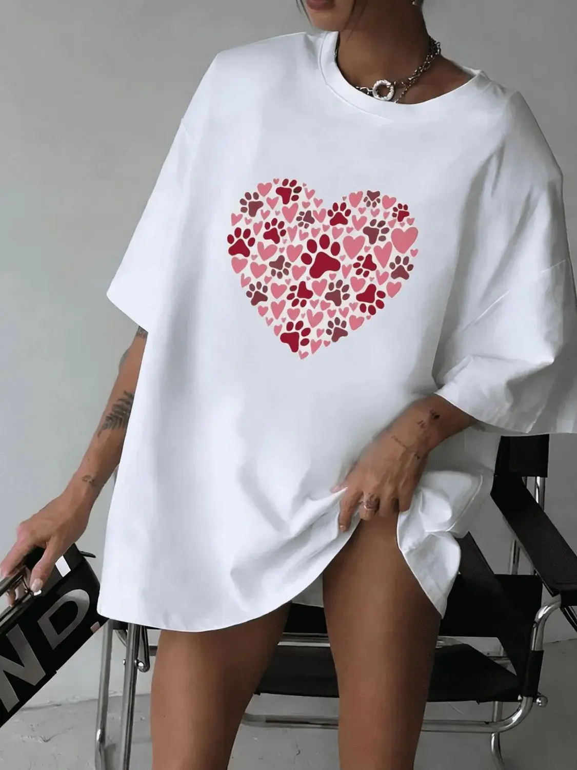 Chic Sweet Multi Pink Red Puppy Paw Print Collage Heart Front Print Oversized White 100% Cotton Dog Mom Pet Lover Summer T Shirt