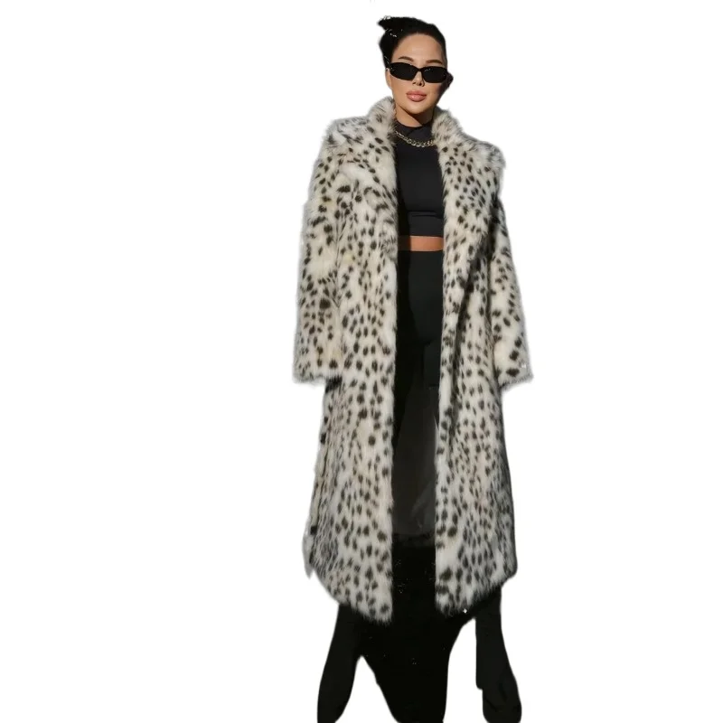 

Fashion The New Leopard Print Women's Coat for Winter Has A Long Suit Collar in Imitation Faux Fox Fur Coat , Loose and Casual,