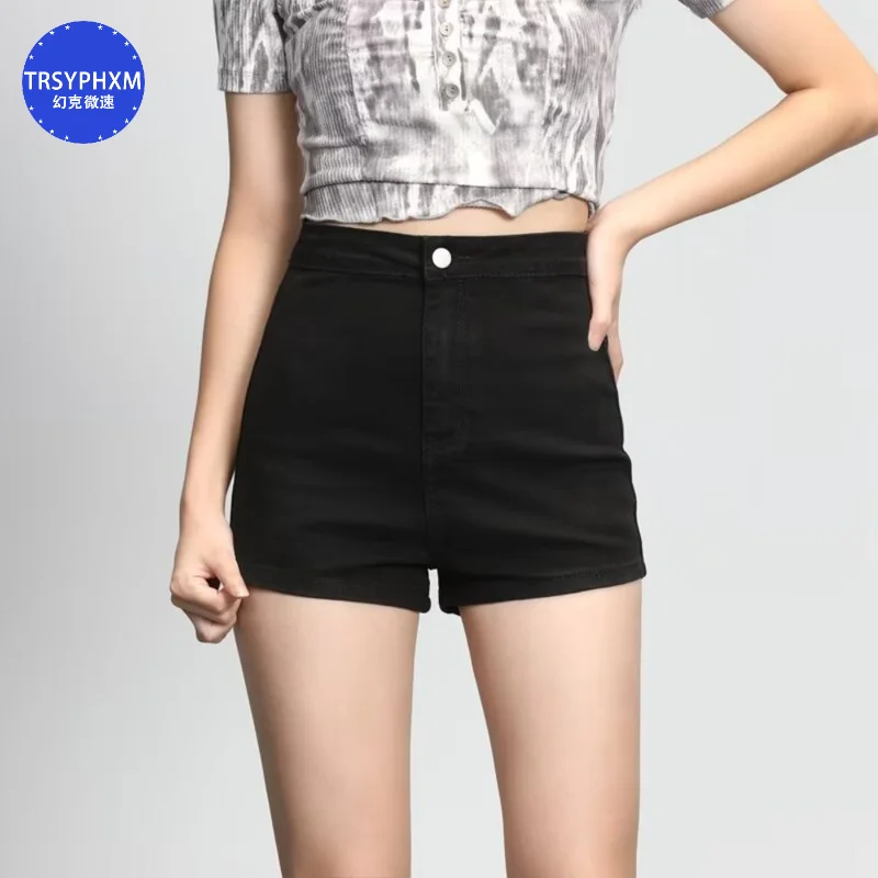 

Black high waisted denim shorts for women in summer, thin American style spicy girl, tight fitting and slimming hot pants