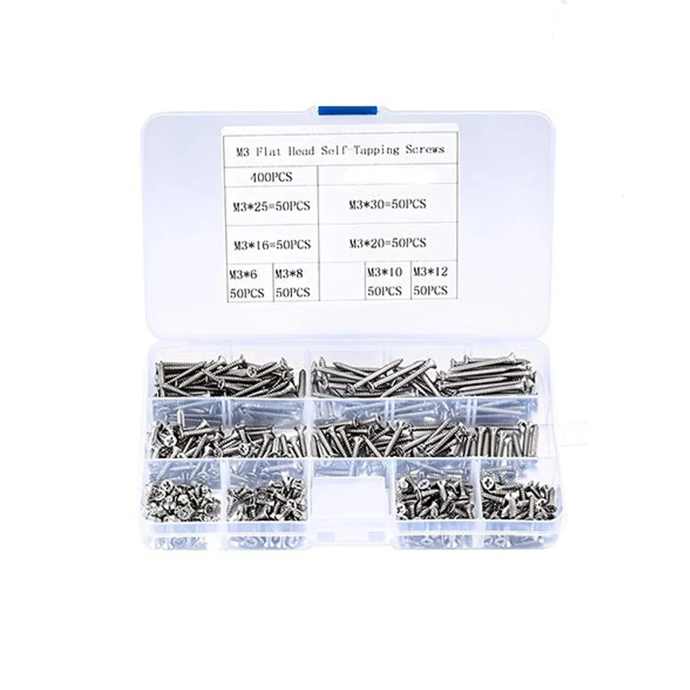 

400Pcs M3 Cross Head Countersunk Self-Tapping Screws Set, Metal Wood Fasteners with Organizer Box