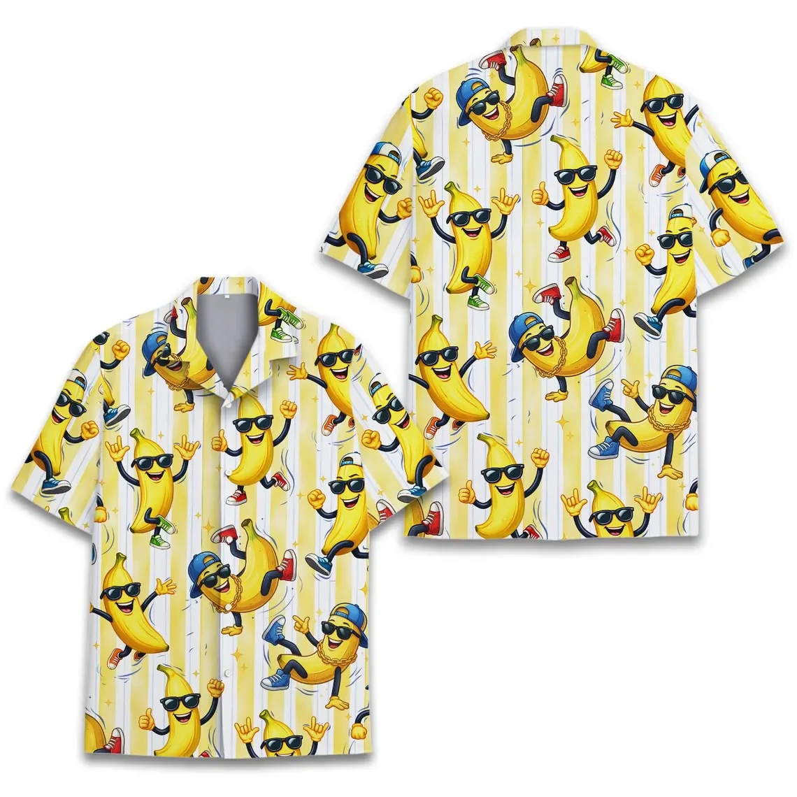 Men Funny Dancing Banana Print Hawaiian Shirt Summer Casual Short Sleeve Button Down Beach Shirt Cool Cartoon Banana Aloha Shirt