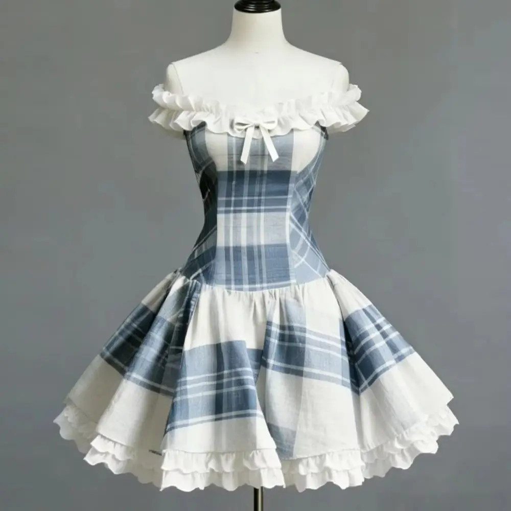 

Korean Blue And White Grid Dress For Women'S Summer Lace Splicing One Shoulder Fashionable Slimming Short Skirt